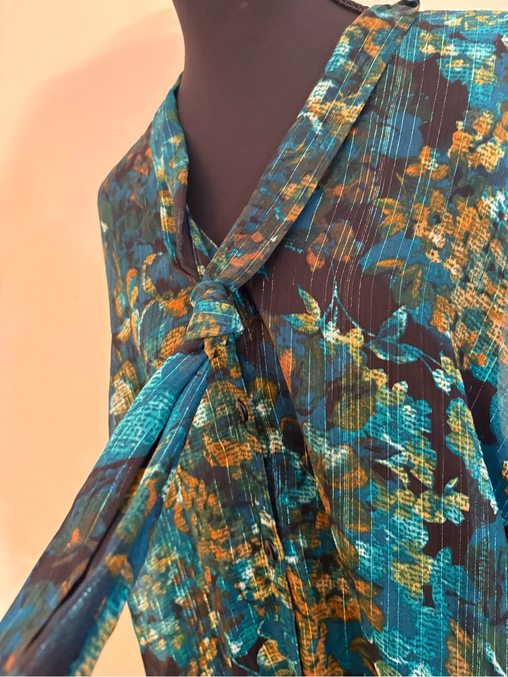 Sheer Teal & Gold Floral Tie-Neck Blouse-with Glimmering Silver Threading! - Picture 2 of 16
